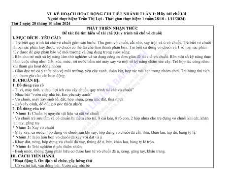 Giáo án Mầm non Lớp Chồi - Tuần 1 - Nhánh: Hãy tái chế tôi - Năm học 2024-2025 - Trần Thị Lợi