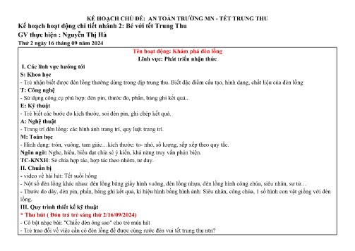 Giáo án Mầm non Lớp Lá - Chủ đề: An toàn trường mầm non - Tết trung thu - Nhánh: Bé với tết Trung Thu - Năm học 2024-2025 - Nguyễn Thị Hà