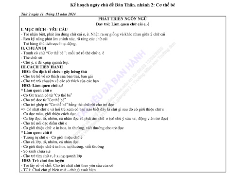 Giáo án Mầm non Lớp Lá - Chủ đề: Bản thân - Dạy trẻ: Làm quen chữ cái e, ê - Phát triển ngôn ngữ - Năm học 2024-2025