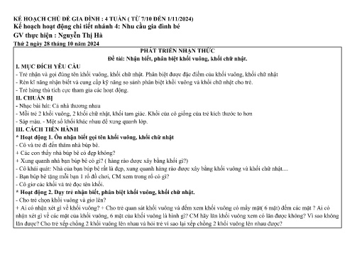 Giáo án Mầm non Lớp Lá - Chủ đề: Gia đình - Nhánh: Nhu cầu gia đình bé - Năm học 2024-2025 - Nguyễn Thị Hà