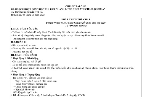 Giáo án Mầm non Lớp Lá - Chủ đề: Tái chế - Nhánh: Bé chơi với chai lọ nhựa - Năm học 2024-2025 - Nguyễn Thị Hà