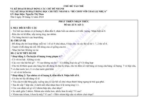 Giáo án Mầm non Lớp Lá - Chủ đề: Tái chế - Phát triển nhận thức - Năm học 2024-2025 - Nguyễn Thị Thảo
