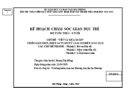 Giáo án Mầm non Lớp Lá - Chủ đề: Tết và mùa xuân - Năm học 2021-2022 - Phạm Thị Hồng