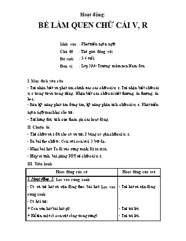 Giáo án Mầm non Lớp Lá - Chủ đề: Thế giới động vật - Làm quen chữ cái V, R - Trường mầm non Nam Sơn