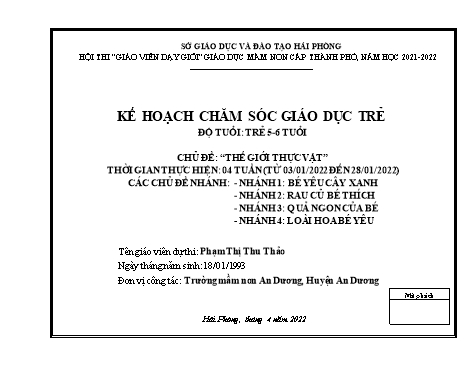 Giáo án Mầm non Lớp Lá - Chủ đề: Thế giới thực vật - Năm học 2021-2022 - Phạm Thị Thu Thảo