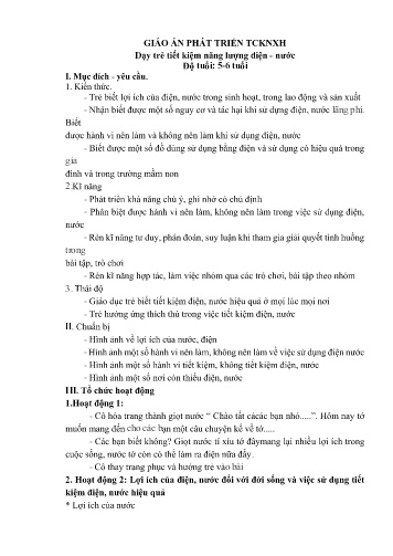 Giáo án Mầm non Lớp Lá - Dạy trẻ tiết kiệm năng lượng điện - Nước