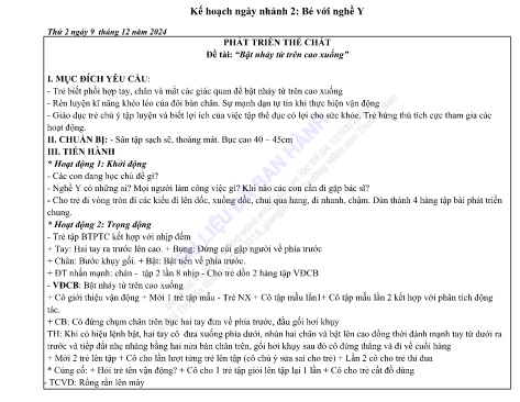 Giáo án Mầm non Lớp Lá - Đề tài: “Bật nhảy từ trên cao xuống” - Phát triển thể chất - Năm học 2024-2025