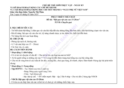 Giáo án Mầm non Lớp Lá - Đề tài: “Bật qua vật cản cao 15-20cm” - Chuyền quả - Phát triển thể chất - Năm học 2024-2025 - Nguyễn Thị Thảo