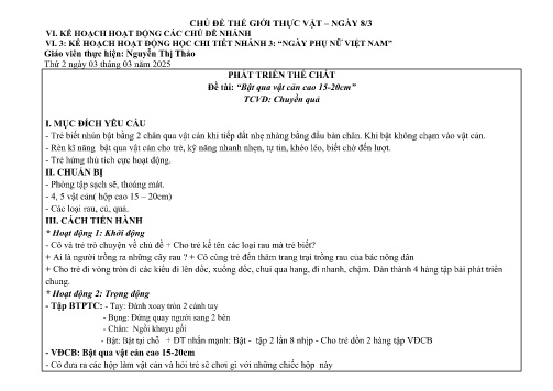 Giáo án Mầm non Lớp Lá - Đề tài: “Bật qua vật cản cao 15-20cm” - Phát triển thể chất - Năm học 2024-2025 - Nguyễn Thị Thảo