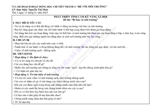 Giáo án Mầm non Lớp Lá - Đề tài: “Bé bảo vệ môi trường” - Phát triển tình cảm - Kĩ năng xã hội - Năm học 2024-2025 - Nguyễn Thị Thảo