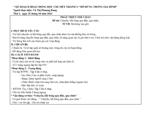 Giáo án Mầm non Lớp Lá - Đề tài: Chuyền, bắt bóng qua đầu, qua chân. - Phát triển thể chất - Năm học 2024-2025 - Vũ Thị Phương Dung