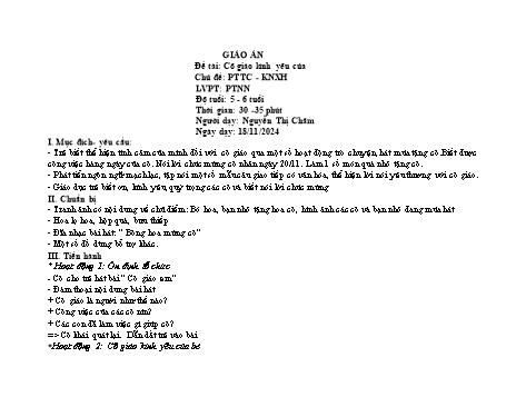 Giáo án Mầm non Lớp Lá - Đề tài: Cô giáo kính yêu - Phát triển ngôn ngữ - Năm học 2024-2025 - Nguyễn Thị Châm