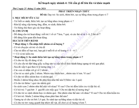 Giáo án Mầm non Lớp Lá - Đề tài: Dạy trẻ: So sánh, thêm bớt, tạo sự bằng nhau trong phạm vi 7 - Phát triển nhận thức - Năm học 2024-2025