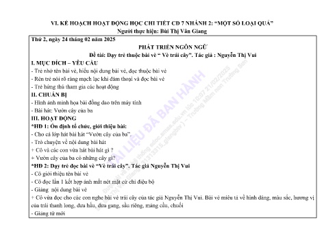 Giáo án Mầm non Lớp Lá - Đề tài: Dạy trẻ thuộc bài vè “ Vè trái cây” - Phát triển ngôn ngữ - Năm học 2024-2025 - Bùi Thị Vân Giang