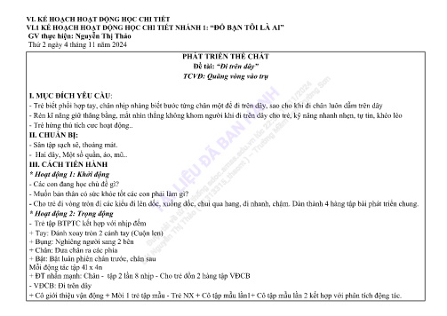 Giáo án Mầm non Lớp Lá - Đề tài: “Đi trên dây” - Phát triển thể chất - Năm học 2024-2025 - Nguyễn Thị Thảo