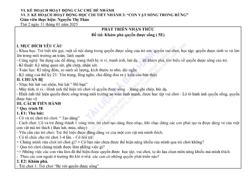 Giáo án Mầm non Lớp Lá - Đề tài: Khám phá quyền được sống - Phát triển nhận thức - Năm học 2024-2025 - Nguyễn Thị Thảo