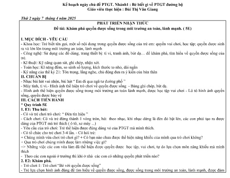 Giáo án Mầm non Lớp Lá - Đề tài: Khám phá quyền được sống trong môi trường an toàn, lành mạnh - Phát triển nhận thức - Năm học 2024-2025 - Bùi Thị Vân Giang