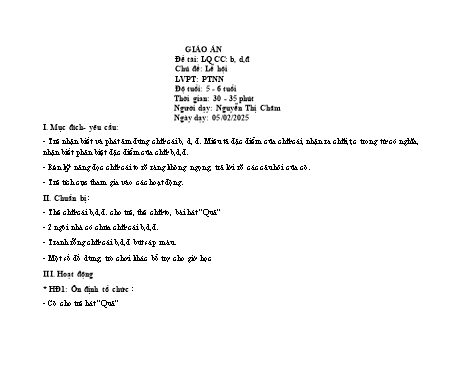 Giáo án Mầm non Lớp Lá - Đề tài: Làm quen chữ cái b, d, đ - Chủ đề: Lễ hội - Phát triển ngôn ngữ - Năm học 2024-2025 - Nguyễn Thị Châm