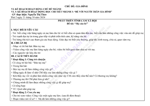 Giáo án Mầm non Lớp Lá - Đề tài: “Mẹ của bé” - Phát triển tình cảm xã hội - Năm học 2024-2025 - Nguyễn Thị Thảo