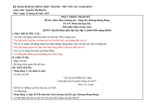 Giáo án Mầm non Lớp Lá -Đề tài: Múa: Hoa trường em - Hát nghe: Hoa trong vườn - Phát triển thẩm mỹ - Năm học 2024-2025 - Nguyễn Thị Huyền