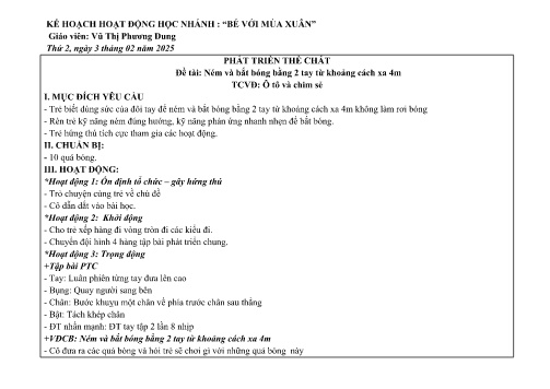 Giáo án Mầm non Lớp Lá - Đề tài: Ném và bắt bóng bằng 2 tay từ khoảng cách xa 4m - Phát triển thể chất - Năm học 2024-2025 - Vũ Thị Phương Dung