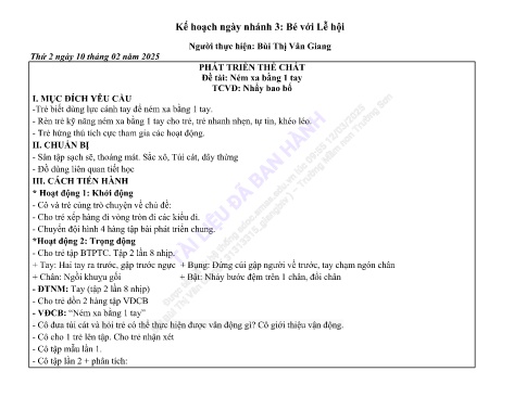Giáo án Mầm non Lớp Lá - Đề tài: Ném xa bằng 1 tay - Năm học 2024-2025 - Bùi Thị Vân Giang