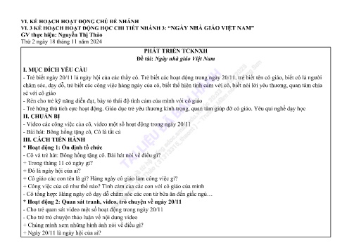 Giáo án Mầm non Lớp Lá - Đề tài: Ngày nhà giáo Việt Nam - Phát triển tình cảm - Kĩ năng xã hội - Năm học 2024-2025 - Nguyễn Thị Thảo