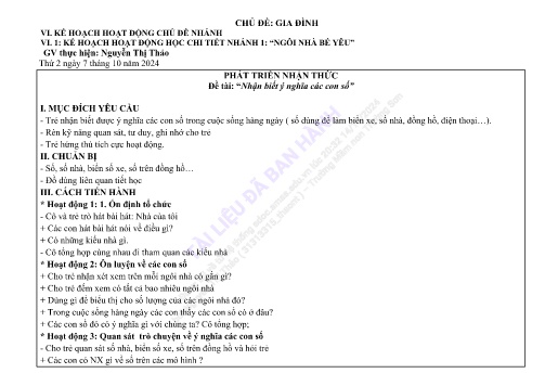 Giáo án Mầm non Lớp Lá - Đề tài: “Nhận biết ý nghĩa các con số” - Phát triển nhận thức - Năm học 2024-2025 - Nguyễn Thị Thảo