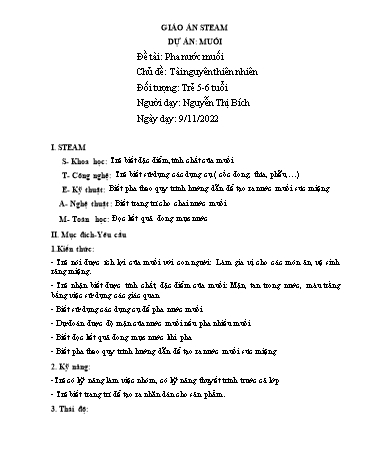 Giáo án Mầm non Lớp Lá - Đề tài: Pha nước muối - Chủ đề: Tài nguyên thiên nhiên - Năm học 2022-2023 - Nguyễn Thị Bích