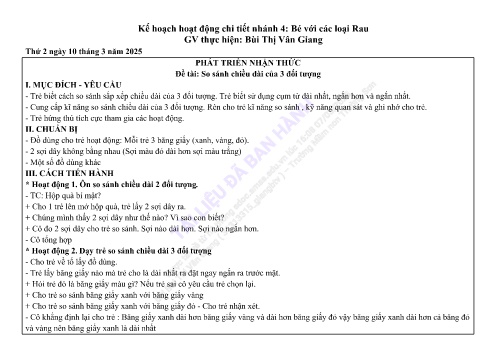 Giáo án Mầm non Lớp Lá - Đề tài: So sánh chiều dài của 3 đối tượng - Phát triển nhận thức - Năm học 2024-2025 - Bùi Thị Vân Giang