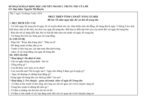Giáo án Mầm non Lớp Lá - Đề tài: Tổ chức ngày hội: Bé vui đón tết trung thu - Phát triển thể chất - Năm học 2024-2025 - Nguyễn Thị Huyền