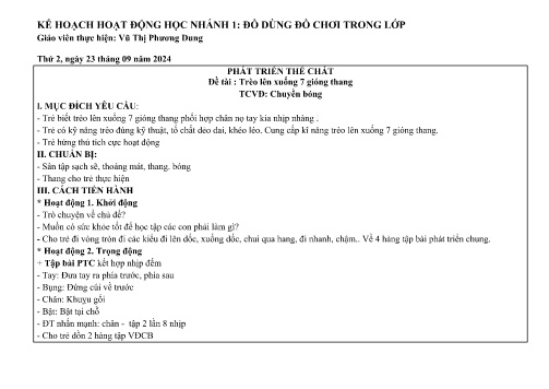 Giáo án Mầm non Lớp Lá - Đề tài : Trèo lên xuống 7 gióng thang - Phát triển thể chất - Năm học 2024-2025 - Vũ Thị Phương Dung