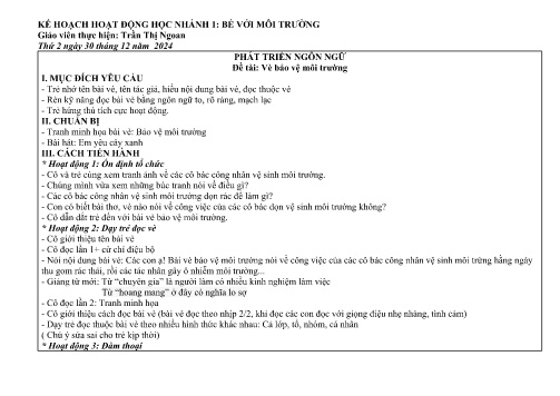 Giáo án Mầm non Lớp Lá - Đề tài: Vè bảo vệ môi trường - Phát triển thể chất - Năm học 2024-2025 - Trần Thị Ngoan
