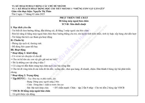 Giáo án Mầm non Lớp Lá - Đi bằng mép ngoài bàn chân - Phát triển thể chất - Năm học 2024-2025 - Nguyễn Thị Thảo