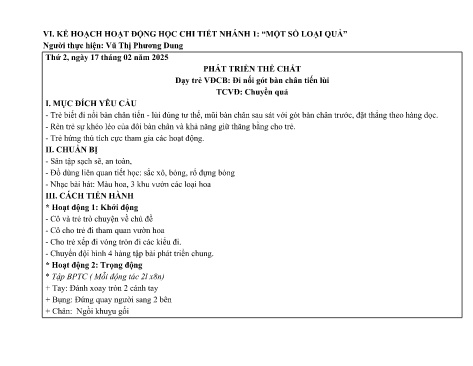 Giáo án Mầm non Lớp Lá - Đi nối gót bàn chân tiến lùi - Phát triển thể chất - Năm học 2024-2025 - Vũ Thị Phương Dung