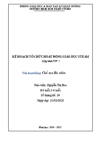 Giáo án Mầm non Lớp Lá - Hoạt động: Chế tạo Bù nhìn - Năm học 2024-2025 - Nguyễn Thị Hoa