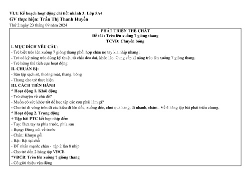 Giáo án Mầm non Lớp Lá - Kế hoạch hoạt động chi tiết nhánh 3 - Năm học 2024-2025 - Trần Thị Thanh Huyền