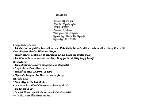 Giáo án Mầm non Lớp Lá - Làm quen chữ cái: U, ư - Chủ đề: Nghành nghề - Năm học 2024-2025 - Đoàn Thị Nguyệt