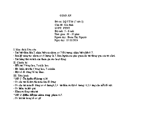Giáo án Mầm non Lớp Lá - Làm quen với Toán: Số 7 - Chủ đề: Gia đình - Năm học 2024-2025 - Đoàn Thị Nguyệt