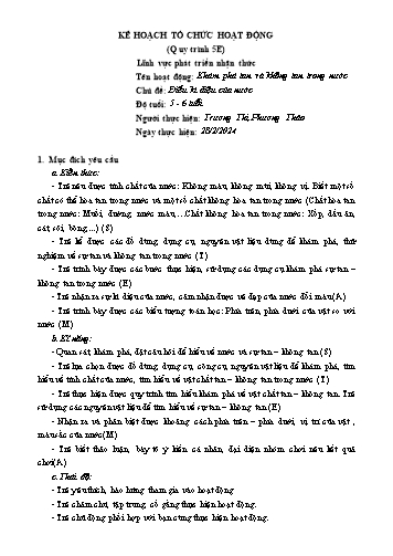 Giáo án Mầm non Lớp Lá - Lĩnh vực phát triển nhận thức - Tên hoạt động: Khám phá tan và không tan trong nước - Chủ đề: Điều kì diệu của nước - Năm học 2023-2024 - Trương Thị Phương Thảo