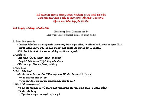 Giáo án Mầm non Lớp Lá - Lĩnh vực: Phát triển tình cảm - Kỹ năng xã hội - Hoạt động học: Cảm xúc của bé - Năm học 2024-2025 - Nguyễn Thị Cúc