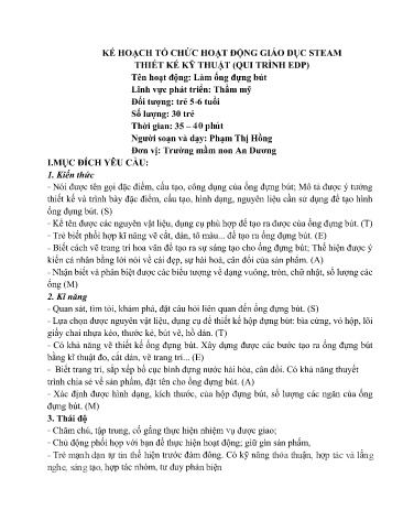 Giáo án Mầm non Lớp Lá - Lĩnh vực: Thẩm mỹ - Hoạt động: Làm ống đựng bút - Phạm Thị Hồng