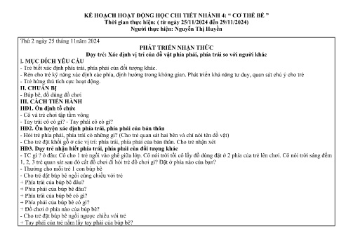 Giáo án Mầm non Lớp Lá - Nhánh 4: Cơ thể bé yêu - Năm học 2024-2025 - Nguyễn Thị Huyền