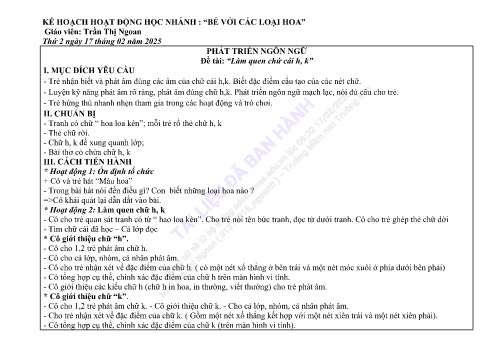 Giáo án Mầm non Lớp Lá - Nhánh: Bé với các loại hoa - Năm học 2024-2025 - Trần Thị Ngoan