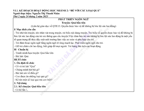 Giáo án Mầm non Lớp Lá - Nhánh: Bé với các loại quả - Năm học 2024-2025 - Nguyễn Thị Thanh Nhàn