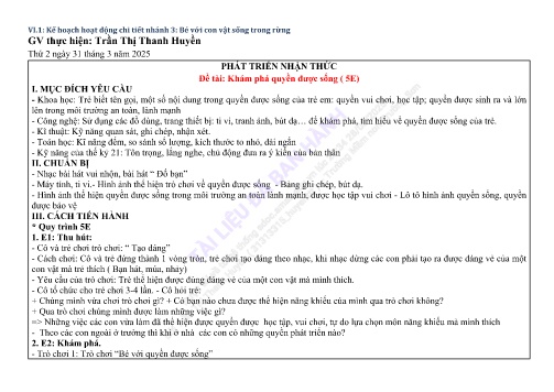 Giáo án Mầm non Lớp Lá - Nhánh: Bé với con vật sống trong rừng - Năm học 2024-2025 - Trần Thị Thanh Huyền