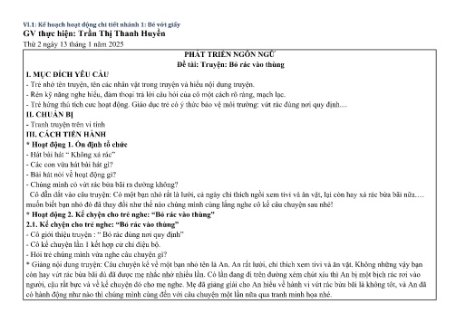 Giáo án Mầm non Lớp Lá - Nhánh: Bé với giấy - Năm học 2024-2025 - Trần Thị Thanh Huyền