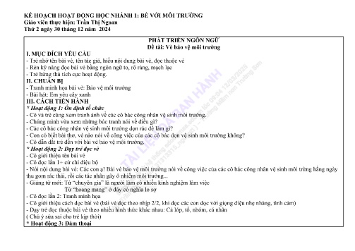 Giáo án Mầm non Lớp Lá - Nhánh: Bé với môi trường - Năm học 2024-2025 - Trần Thị Ngoan
