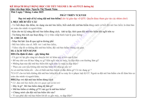 Giáo án Mầm non Lớp Lá - Nhánh: Bé với phát triển giao thông đường bộ - Năm học 2024-2025 - Nguyễn Thị Thanh Nhàn