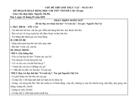 Giáo án Mầm non Lớp Lá - Nhánh: Bé với quả - Năm học 2024-2025 - Nguyễn Thị Hà